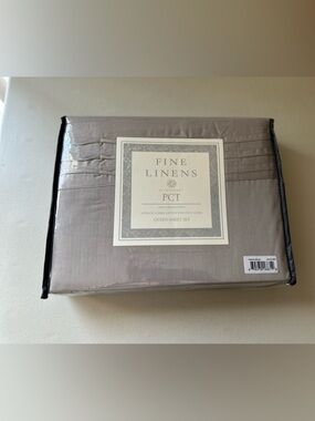 PCT Fine Linen 1000 TC QUEEN Sheet Set GRAY NEW in Package Pintuck Hem